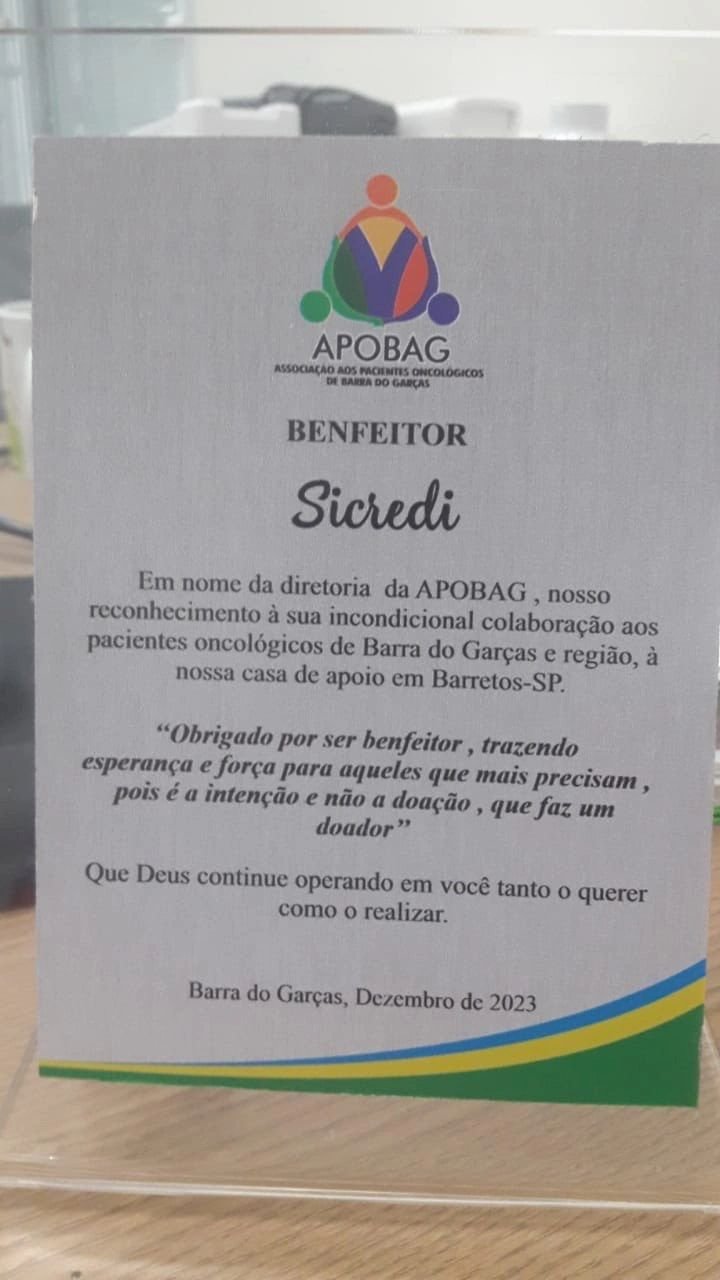 Diretoria da Apobag reconhece Sicredi como benfeitor dos pacientes oncológicos de Barra do Garças/MT