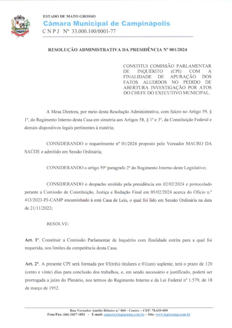 CPI é constituída em Campinápolis; Mauro presidirá a Comissão