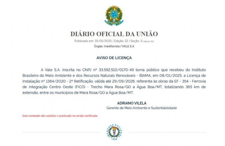 Licença do Ibama para construção da ferrovia FICO, entre Goiás e Água Boa, muda a logística do Araguaia, diz Dr. Eugênio